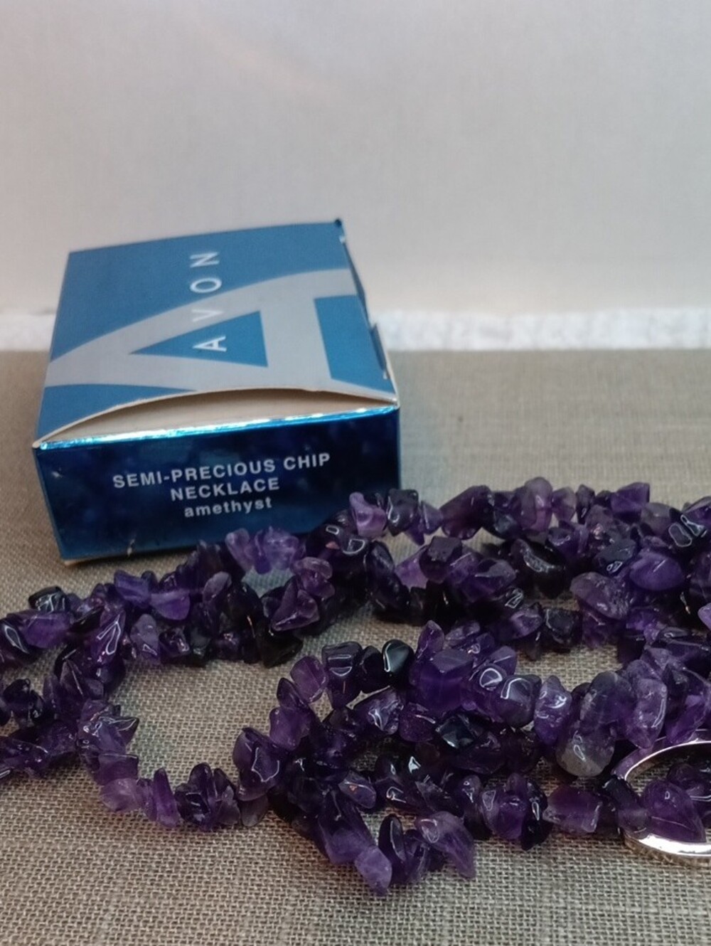 Avon Semi Precious Chip Necklace Amethyst In Box 44" Long 2006